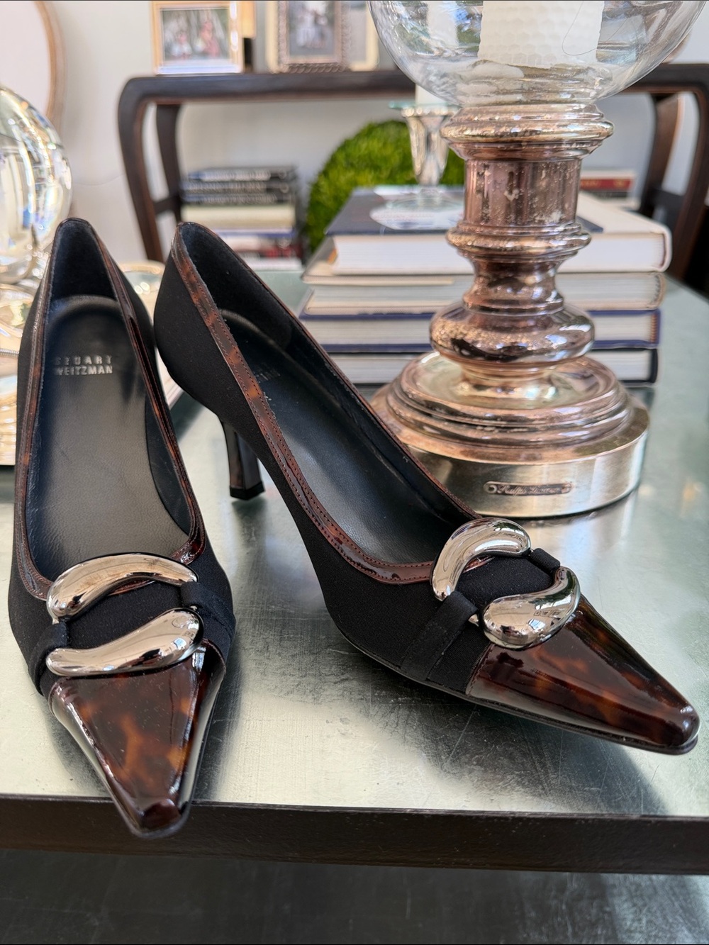 Stuart Weitzman Black Pumps w/Patent Tortoiseshell Toe & Heel Size 7M